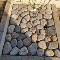 Natursten som belægning i Hjørring, der giver et rustikt look til haven og skaber en naturlig overgang mellem græs og fliser.