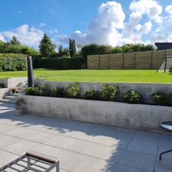 Terrasse omgivet af planter med et træhegn i baggrunden, der afgrænser haven i Aalborg og skaber en hyggelig atmosfære.