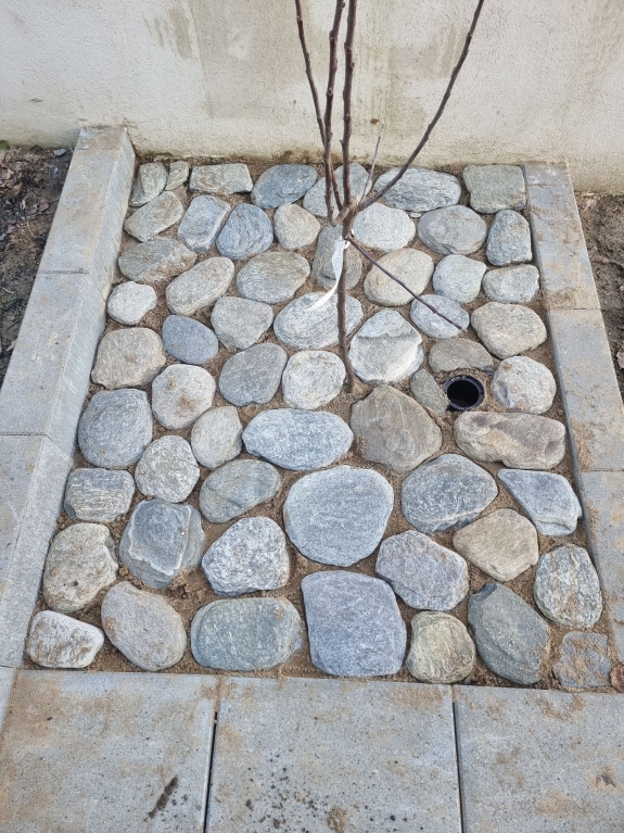 Belægning af natursten langs kanten af et bed i Hjørring. Stenene danner en dekorativ og holdbar grænse for beplantning.