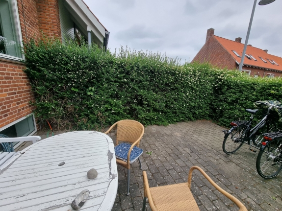 Terrasse med hæk og hegn i baggrunden, omgivet af murstensbygninger. En hyggelig udendørs plads i Hjørring med cykler og havemøbler.